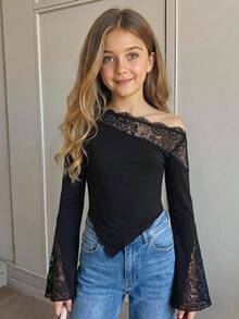 SHEIN Tween Girl Tween Girls Solid Color Lace Patchwork Flared Sleeve Asymmetric T-Shirt - Black - View 2
