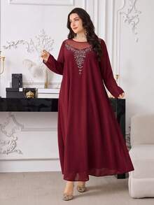 Al Najma Plus Size Women's Round Neck Long Sleeve Arabian Dress - Red Violet - View 3