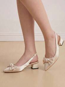 Eladyva Women's Bow Decor Chunky Heel Pointed Toe Slingback Pumps, Elegant Comfortable Daily Wear Versatile Outdoor, Commute, Party, Formal Occasion Shoes - Beige - View 9