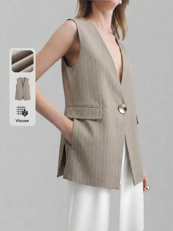 Ontre Women's Khaki Color Woven Fine Striped And Metal Button Decoration, Autumn Versatile Low-Key  Elegant High-End Commute High-Quality Blazer Elegant