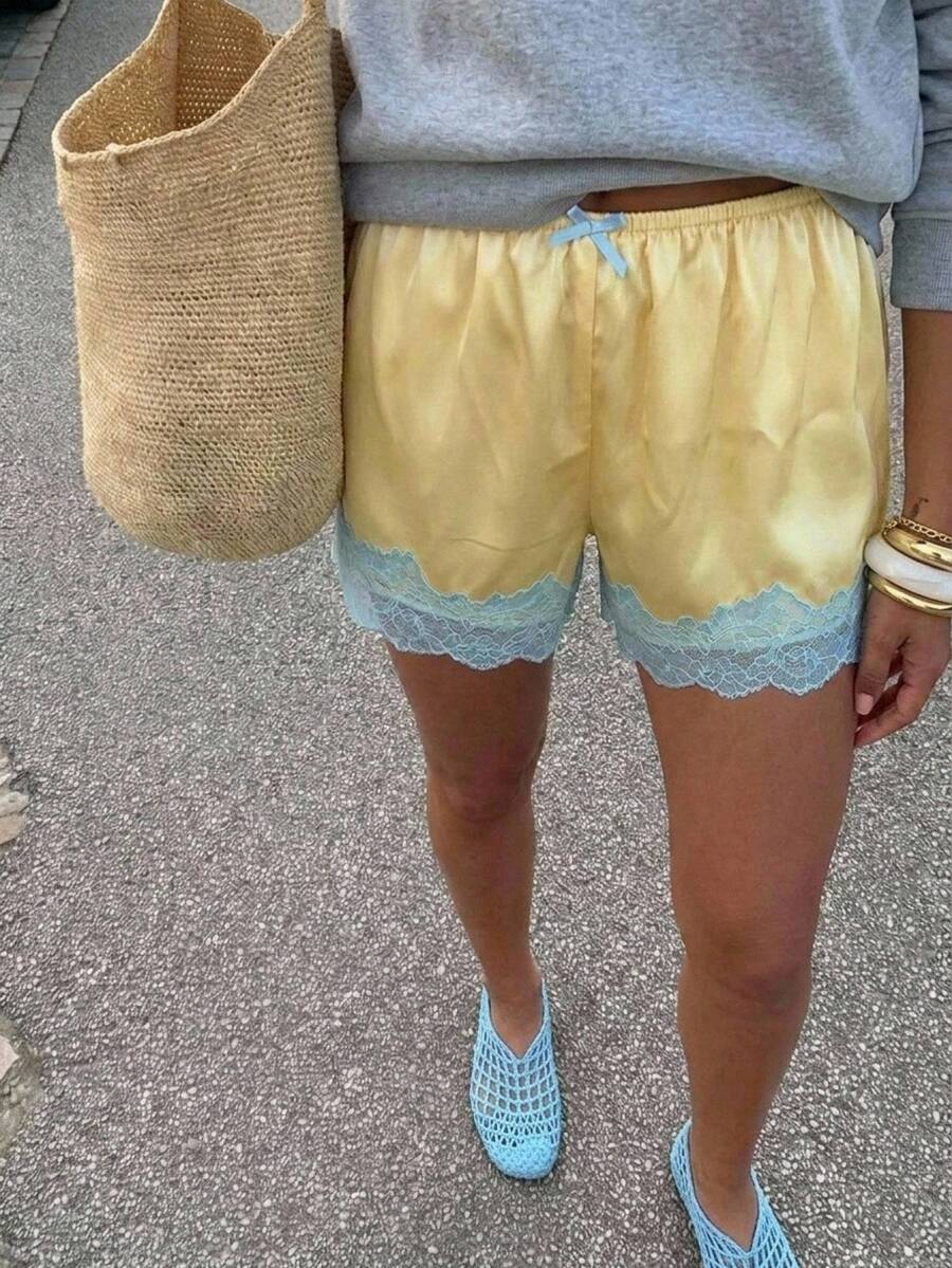 Aloruh 女款情人節黃色性感蕾絲滾邊緞面短褲 - 黃色 - 查看 1