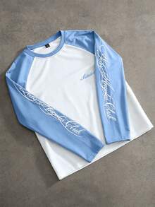 PAVTROS 男士長袖圓領T恤，黑白配色拼接，插肩袖，手寫英文印花，寬鬆版型 - 彩色 - 查看 1