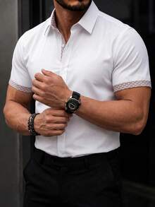 Manfinity Bizformal Men's Business Casual Light Color Patchwork Short Sleeve Shirt - White - View 3