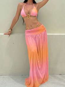 Sirith Springbreak 3件組新款漸層印花純色三角掛脖性感優雅度假比基尼套裝，附不對稱金屬環與長款網紗沙灘罩衫泳衣，女款 - 彩色 - 查看 2