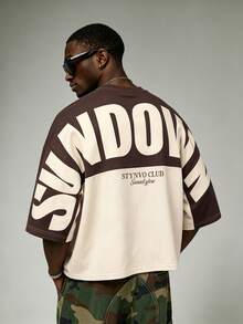 STYNVO Men's Summer Casual Streetwear Color Block Patchwork Letter Print T-Shirt Vacation Holiday Brown - Apricot - View 3