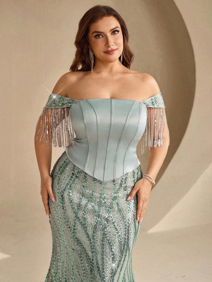 Coutiva Plus Size Women's Off Shoulder Beaded Front Panel Tassel Formal Evening Gown (Heavy Workmanship Style) - Green - View 1