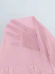 Balvessa 圓領無袖雙層荷葉邊透視背部鈕扣繫帶抓皺飄逸休閒通勤女式襯衫 - 粉色 - 查看 3