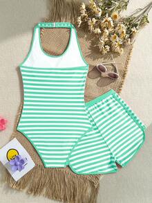 SHEIN Baju Renang Terusan Model Halter Neck Motif Garis-garis untuk Remaja Perempuan, Terdiri dari Crop Top dan Celana Pendek, Set 2 Potong, Musim Panas - Hijau - View 2