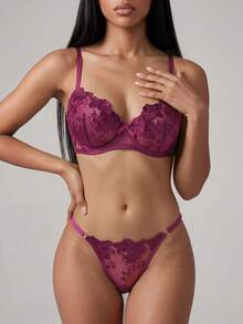 Silforma 两件套网纱刺绣女士内衣套装 - 中紫紅色 - 查看 5