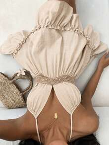 Sunnyshic Women's Lace Trim Tie-Front Dress Beach Vacation Pink Summer Tropical Sexy - Beige - View 4
