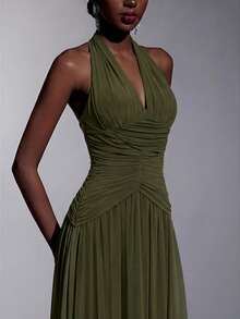 Elitara Elegant, , Fashionable Elastic Mesh Halter Neck Ruched Decor A-Line Dress, Party Wedding Guest Orange Color, And Graceful Bridesmaid - Army Green - View 6