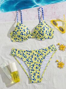 Swim Vcay Conjunto de Bikini Sexy con Estampado Floral, Aros, Fruncido y Tirantes Finos para Vacaciones de Verano - Multicolor - Ver 3