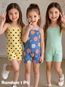 Random Solid Color Knitted Camisole Romper + Printed Floral Knitted Casual Romper - Multicolor - View 1