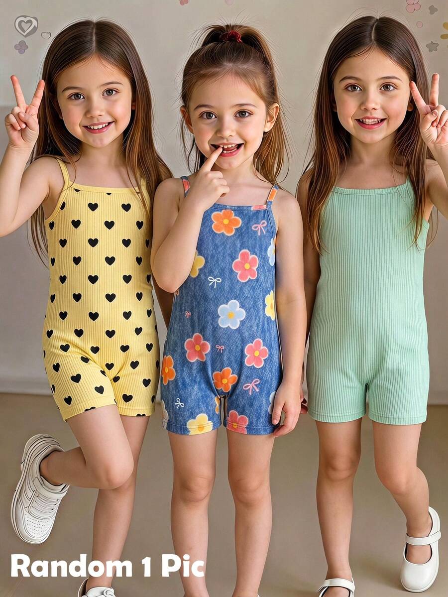 Random Solid Color Knitted Camisole Romper + Printed Floral Knitted Casual Romper - Multicolor - View 1