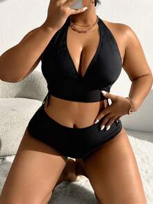 Swim Lushoire Plus Size Solid Color Ruched Halter Tie Sexy Bikini Two-Piece Swimsuit Set - Black - View 4