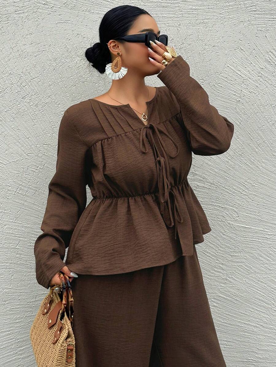 Dazy Plus Brown Lace-Up Waist Top And Wide Leg Pants Casual Long Sleeve Two Pieces Set For Spring, Summer And Early Autumn - Brown - View 1