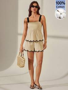 SHEIN Tall 女款對比色荷葉邊下擺背心與短褲兩件套，適合高個女性 - 杏色 - 查看 1