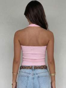 Women's Versatile Solid Color Sexy Spaghetti Strap Backless Fitted Summer Top. - Pink - View 6