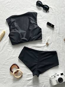 SHEIN Swim 心形領口波點冰絲印花柔軟面料扭轉杯可愛比基尼兩件式泳衣 - 彩色 - 查看 7
