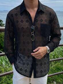 DAZY Spring/Summer Embroidered Mesh Pattern Long Sleeve Men's Shirt - Black - View 7