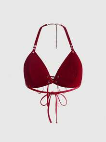 ROMWE Grunge Punk Y2K 性感辣妹火焰拼接修身短版 PU 比基尼細肩帶背心 - 酒紅色 - 查看 2