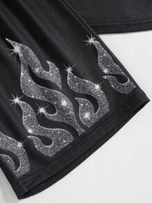 SHEIN 青少年男孩新款休閒極簡 Y2K 風格黑白自由女神街頭印花圖案，美式復古時尚極簡圓領短袖 T 恤與短褲套裝 - 黑色 - 查看 5