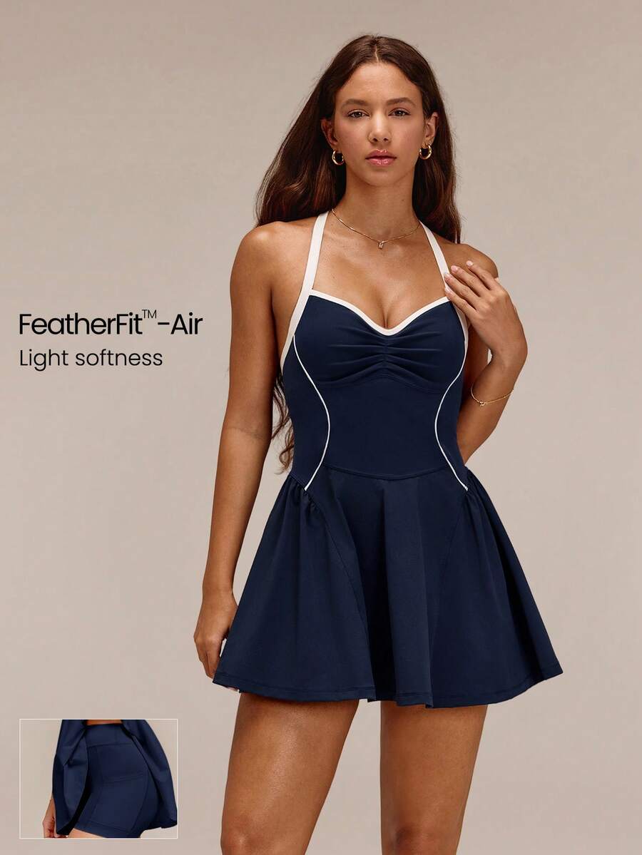 GLOWMODE FeatherFit™-Air RallyGlow UPF50+ Sweat-Wicking Ruched Bust Open Back A-Line Dress With Removable Cups & Shorts Tennis Golf Pickleball Daily Wear - Navy Blue - View 1