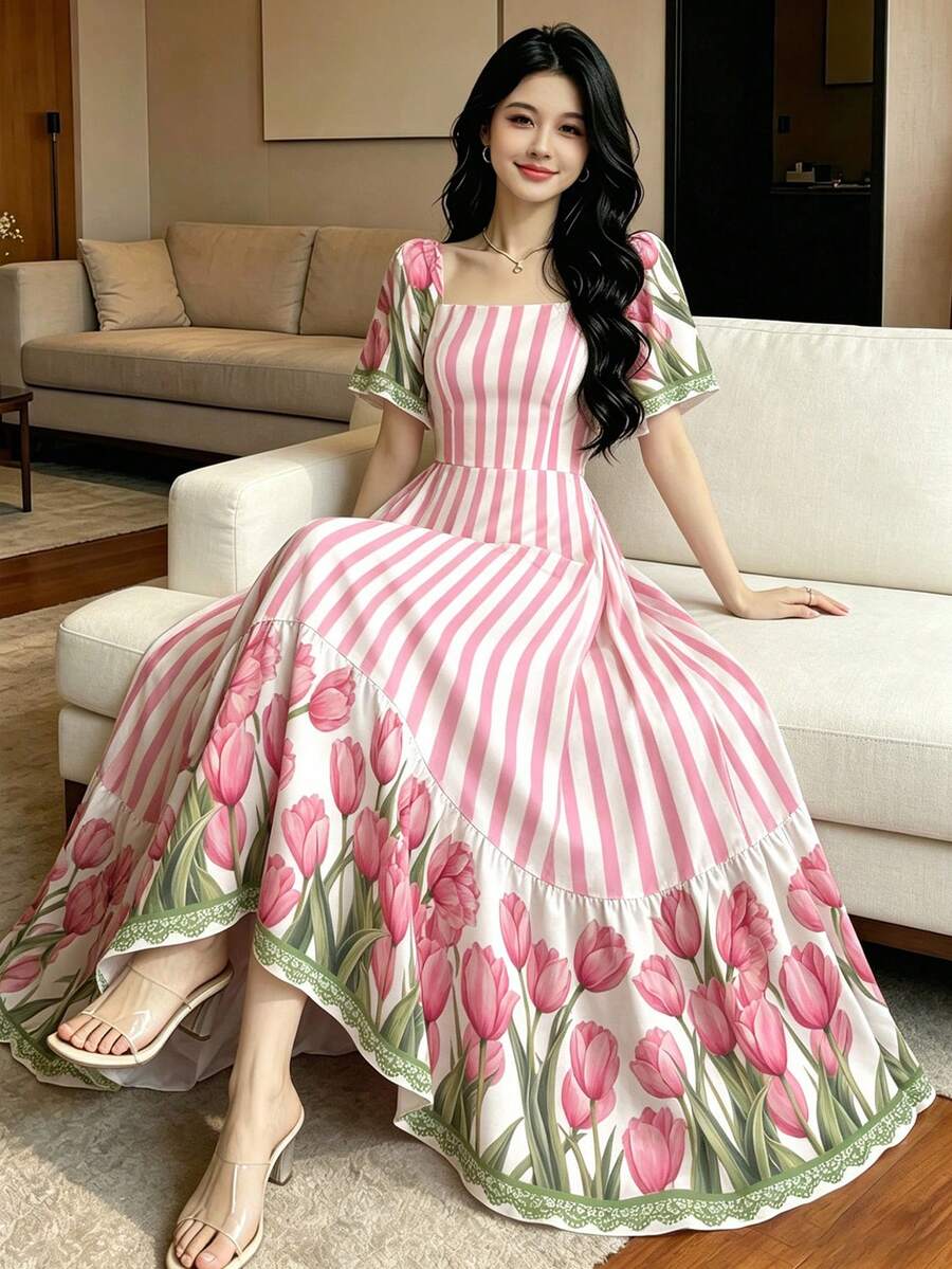 Modelyn 粉色條紋與鬱金香花卉印花法式風格洋裝,女款時尚方領短袖洋裝,荷葉邊下擺設計,夏季度假洋裝 - 彩色 - 查看 1