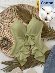 Selianne French Gentle Style Front Tie Ruffle Strap Slim Fit Flattering Camisole - Lime Green - View 6