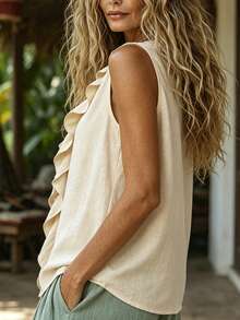 Balvessa Blusa casual de verano para uso diario cómoda con cuello en V, volantes fruncidos y sin mangas - Albaricoque - Ver 6
