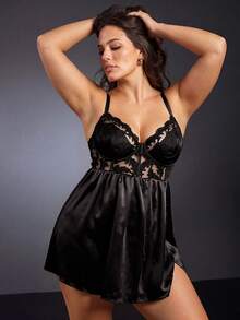 SHEIN Plus Size Charismatic Leading Lady Series Embroidered Patchwork Shiny Satin Drawstring Design Underwire Lingerie Dress - Black - View 5