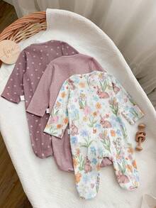 SHEIN 新生兒針織卡通印花爬行家居服 3件套 - 米色 - 查看 2