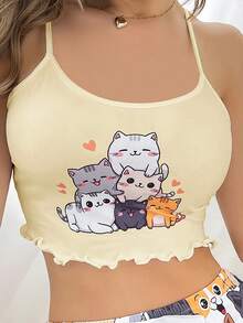 DUSKBASE Top de pijama para mujer con estampado de gato de dibujos animados lindo estilo Y2K - Multicolor - Ver 1