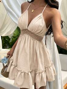 Sunnyshic Women's Lace Trim Tie-Front Dress Beach Vacation Pink Summer Tropical Sexy - Beige - View 5