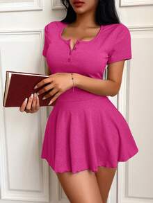 DUSKBASE Casual Comfortable Button Ribbed Ruffle Hem Women's Loungewear Dress - Hot Pink - View 5