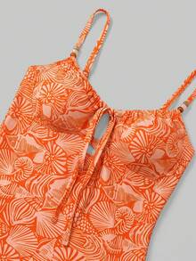 Sweetra CURVE Burnt Orange Summer Boho Beach Wedding Holiday Elegant Printed One-Piece Swimsuit,Adjustable Straps,Cute Bow Accent, Hollow-Out Back,2026 New Vacation - Multicolor - View 4