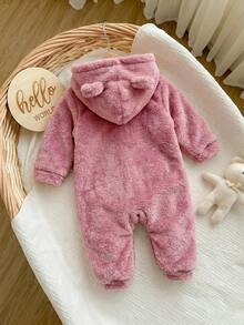 Newborn Baby Girl Cute Autumn/Winter Cartoon Pattern Pink Hooded Romper - Pink - View 6