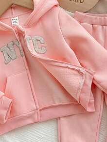 SHEIN 女嬰休閒可愛字母圖案連帽衛衣與秋季長褲套裝 - 粉色 - 查看 7