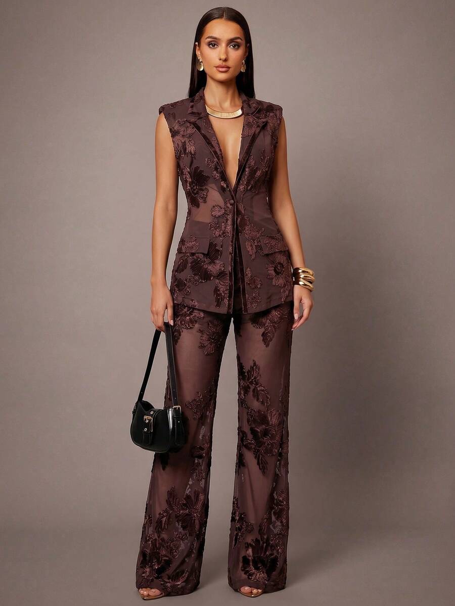 Silquee Women's Brown Embroidered Jacquard Trousers – Versatile, Stylish, And Comfortable For Commuting And Travel (Elegant Business/Workwear) - Coffee Brown - View 1