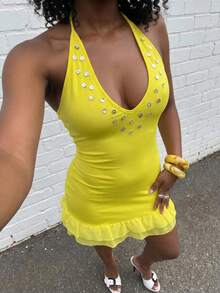 SHEIN Jeanoir Muschelknopf-Dekor sexy heißes Mädchen V-Ausschnitt Neckholder Pailletten Rüschen Strick Slim Fit schmeichelhaftes Kleid für Frauen Frühling Sommer - Gänsegelb - Übersicht 4