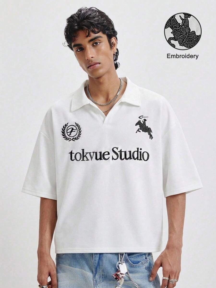 TOKVUE 男士白色夏季街頭風 3D 金色刺繡圖案 Polo 衫,畢業返校季,時尚高端戶外音樂節穿搭 - 白色 - 查看 1