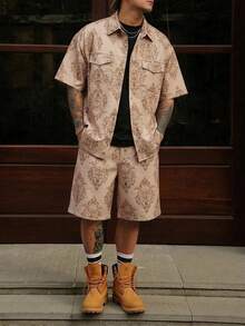 DAZY 男士短袖數位圖案工裝襯衫街頭風 2 件套 夏季 - 卡其色 - 查看 4
