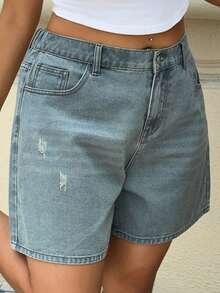 Dazy Plus Jeans rectos cortos y acortados de pierna recta, estilo de calle, talla grande para mujer, lavado vintage desgastado y descolorido, primavera/verano - Lavado ligero - Ver 3