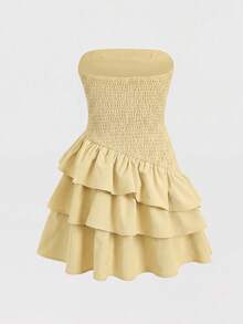 SHEIN Girlism Tween Girl/Tween Girls' Summer Casual Vacation Minimalist Comfortable Layered Ruffle Trim Tube Top Dress - Yellow - View 2