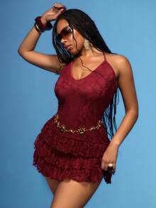 Orbivine Vestido mini de mujer talla grande con encaje, patchwork, volantes, espalda descubierta y cuello halter - Burdeos - Ver 6