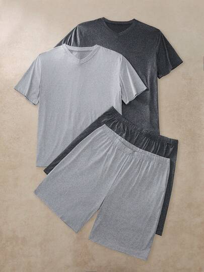 Provexi Provexi Men's Basic Casual Loose-Fitting Comfortable Black And Gray Short-Sleeved Shirt And Shorts Loungewear Set (Includes 2 Shirts And 2pcs Of Pants)