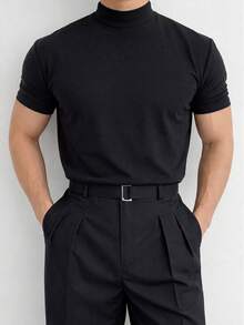 Manfinity Dauomo Kaos Pria Lengan Pendek Kerah Tegak Warna Polos Kasual Serbaguna - Hitam - View 3