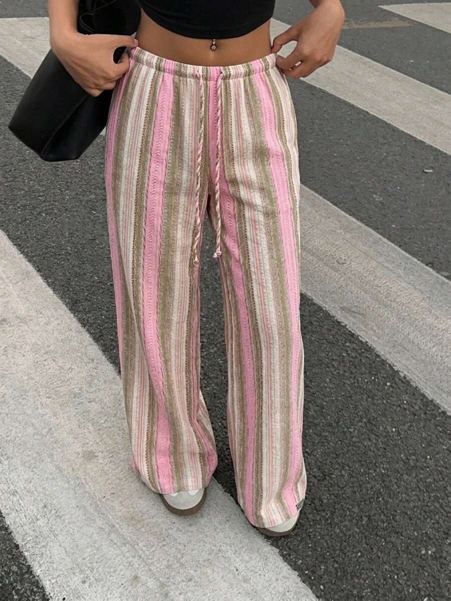 SHEIN EZwear 休閒極簡度假風粉色編織不對稱條紋女款長褲,適合春夏海灘穿著,25%棉 - 彩色 - 查看 1