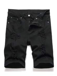 Manfinity LEGND Men's Casual Versatile Daily Travel Denim Shorts With Pocket, Button And Distressed Design - Black - View 1