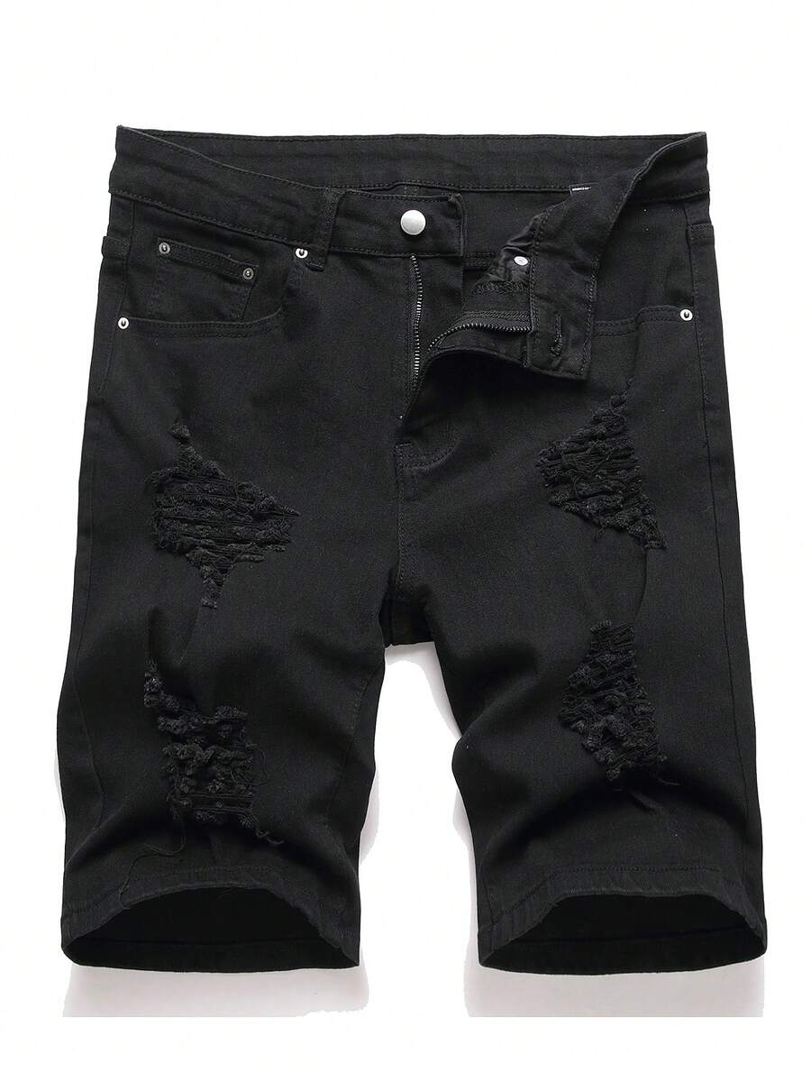 Manfinity LEGND Men's Casual Versatile Daily Travel Denim Shorts With Pocket, Button And Distressed Design - Black - View 1